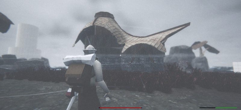 A curved roofed building emerging from fog, with two figures in the foreground.