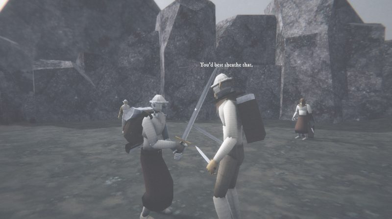 An NPC speaking to the player, with the line, you had best sheathe that.