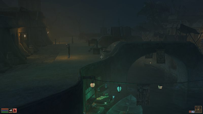 Balmora at dusk, heavy fog between the buildings.