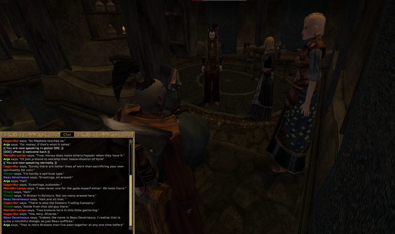 Several players gathered in an interior, chat log visible.
