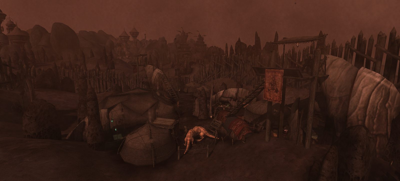A sprawling Ashlander camp of yurts and banners under a red sky.